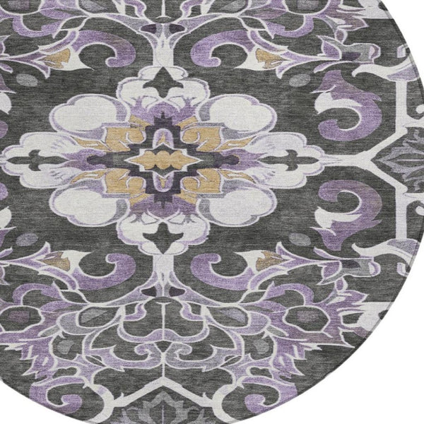 HomeRoots 5' Elegant Purple and Charcoal Damask Area Rug – Washable, Durable, Indoor-Outdoor Versatility 8' Round 626897