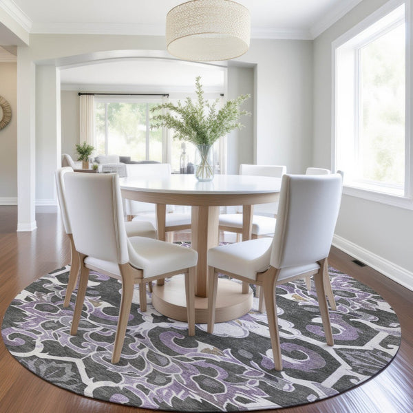 HomeRoots 5' Elegant Purple and Charcoal Damask Area Rug – Washable, Durable, Indoor-Outdoor Versatility 8' Round 626897