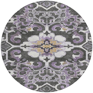 HomeRoots 5' Elegant Purple and Charcoal Damask Area Rug – Washable, Durable, Indoor-Outdoor Versatility 8' Round 626897