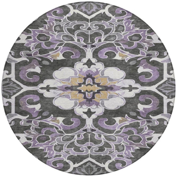 HomeRoots 5' Elegant Purple and Charcoal Damask Area Rug – Washable, Durable, Indoor-Outdoor Versatility 8' Round 626897