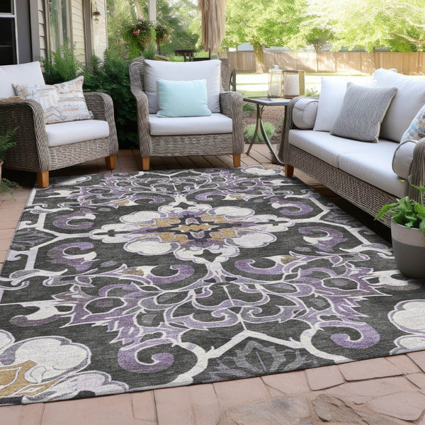 HomeRoots 5' Elegant Purple and Charcoal Damask Area Rug – Washable, Durable, Indoor-Outdoor Versatility 8' X 10' 626898