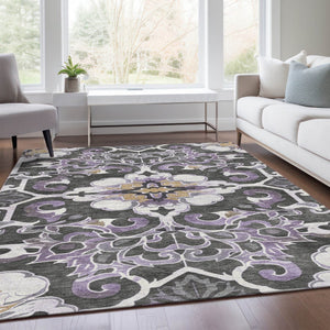 HomeRoots 5' Elegant Purple and Charcoal Damask Area Rug – Washable, Durable, Indoor-Outdoor Versatility 8' X 10' 626898