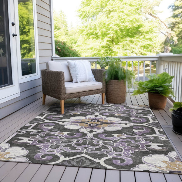 HomeRoots 5' Elegant Purple and Charcoal Damask Area Rug – Washable, Durable, Indoor-Outdoor Versatility 8' X 10' 626898