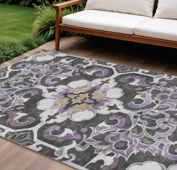 HomeRoots 5' Elegant Purple and Charcoal Damask Area Rug – Washable, Durable, Indoor-Outdoor Versatility 9' X 12' 626899
