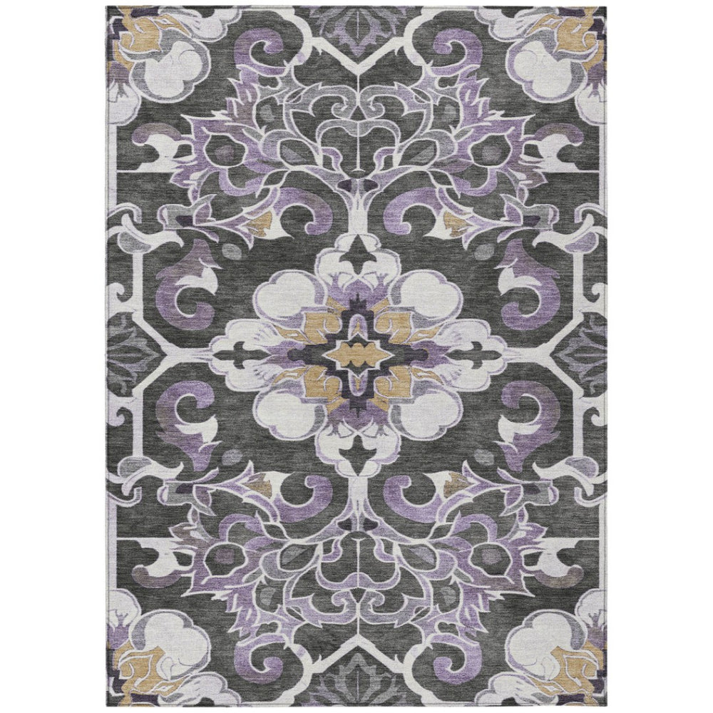 HomeRoots 5' Elegant Purple and Charcoal Damask Area Rug – Washable, Durable, Indoor-Outdoor Versatility 9' X 12' 626899
