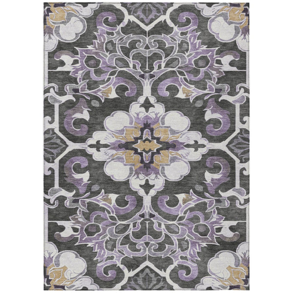 HomeRoots 5' Elegant Purple and Charcoal Damask Area Rug – Washable, Durable, Indoor-Outdoor Versatility 9' X 12' 626899