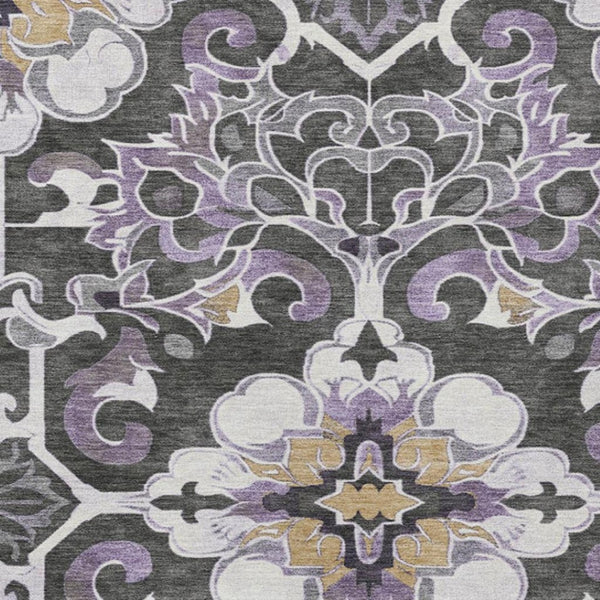 HomeRoots 5' Elegant Purple and Charcoal Damask Area Rug – Washable, Durable, Indoor-Outdoor Versatility 9' X 12' 626899