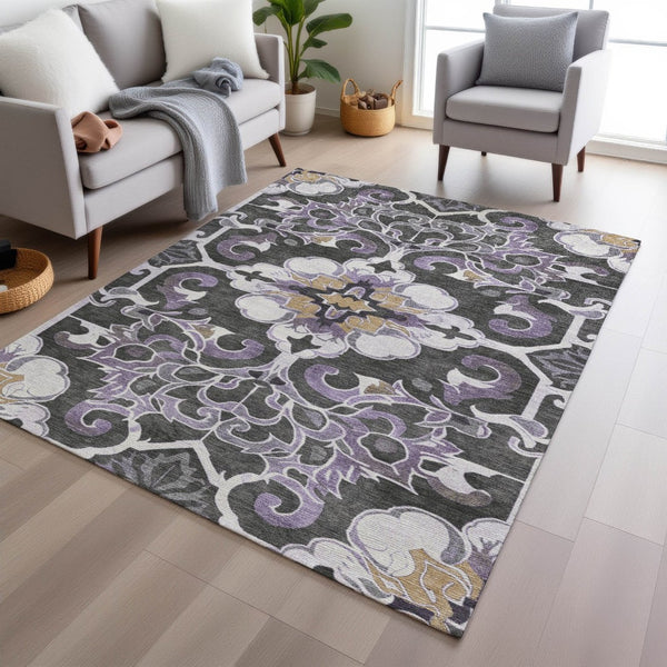 HomeRoots 5' Elegant Purple and Charcoal Damask Area Rug – Washable, Durable, Indoor-Outdoor Versatility 9' X 12' 626899