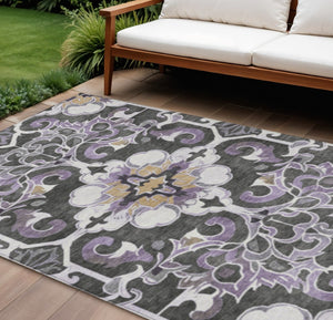 HomeRoots 5' Elegant Purple and Charcoal Damask Area Rug – Washable, Durable, Indoor-Outdoor Versatility 10' X 14' 626900