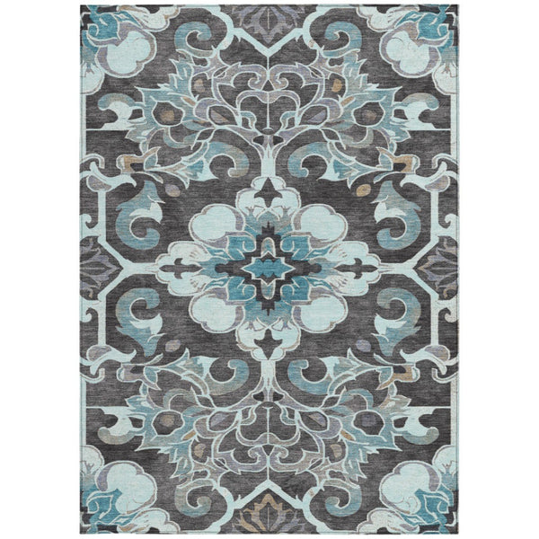 HomeRoots 5' Teal Blue and Charcoal Damask Area Rug - Durable, Washable, Perfect for Indoor and Outdoor Spaces 5' X 8' 626902