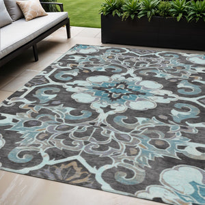 HomeRoots 5' Teal Blue and Charcoal Damask Area Rug - Durable, Washable, Perfect for Indoor and Outdoor Spaces 5' X 8' 626902