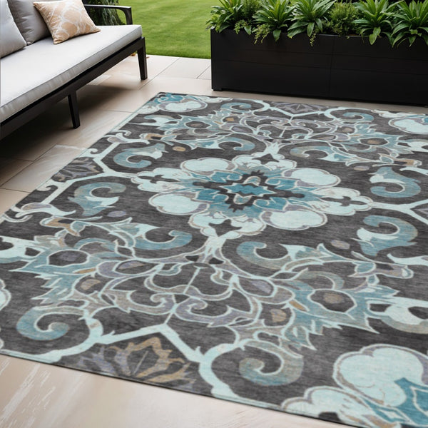 HomeRoots 5' Teal Blue and Charcoal Damask Area Rug - Durable, Washable, Perfect for Indoor and Outdoor Spaces 5' X 8' 626902