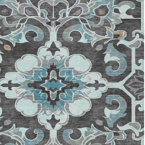 HomeRoots 5' Teal Blue and Charcoal Damask Area Rug - Durable, Washable, Perfect for Indoor and Outdoor Spaces 5' X 8' 626902