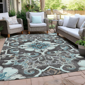 HomeRoots 5' Teal Blue and Charcoal Damask Area Rug - Durable, Washable, Perfect for Indoor and Outdoor Spaces 5' X 8' 626902