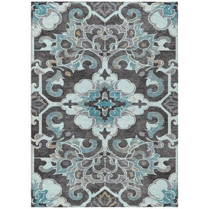 HomeRoots 5' Teal Blue and Charcoal Damask Area Rug - Durable, Washable, Perfect for Indoor and Outdoor Spaces 5' X 8' 626902