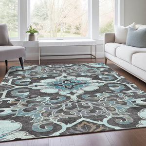 HomeRoots 5' Teal Blue and Charcoal Damask Area Rug - Durable, Washable, Perfect for Indoor and Outdoor Spaces 5' X 8' 626902