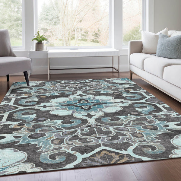 HomeRoots 5' Teal Blue and Charcoal Damask Area Rug - Durable, Washable, Perfect for Indoor and Outdoor Spaces 5' X 8' 626902