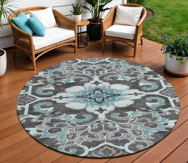 HomeRoots 5' Teal Blue and Charcoal Damask Area Rug - Durable, Washable, Perfect for Indoor and Outdoor Spaces 8' Round 626903