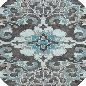 HomeRoots 5' Teal Blue and Charcoal Damask Area Rug - Durable, Washable, Perfect for Indoor and Outdoor Spaces 8' Round 626903