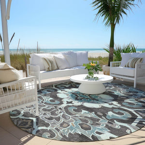 HomeRoots 5' Teal Blue and Charcoal Damask Area Rug - Durable, Washable, Perfect for Indoor and Outdoor Spaces 8' Round 626903