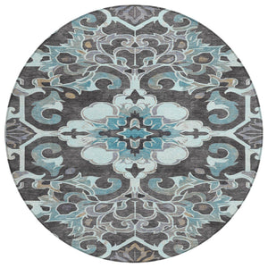 HomeRoots 5' Teal Blue and Charcoal Damask Area Rug - Durable, Washable, Perfect for Indoor and Outdoor Spaces 8' Round 626903