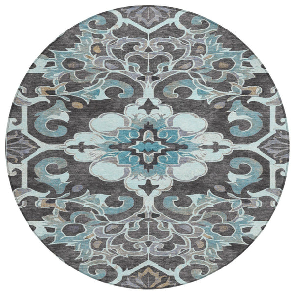 HomeRoots 5' Teal Blue and Charcoal Damask Area Rug - Durable, Washable, Perfect for Indoor and Outdoor Spaces 8' Round 626903