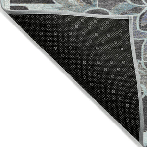 HomeRoots 5' Teal Blue and Charcoal Damask Area Rug - Durable, Washable, Perfect for Indoor and Outdoor Spaces 8' Round 626903