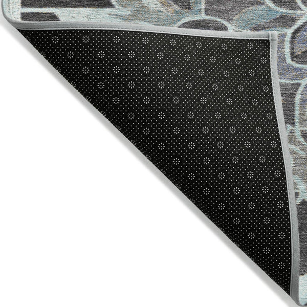 HomeRoots 5' Teal Blue and Charcoal Damask Area Rug - Durable, Washable, Perfect for Indoor and Outdoor Spaces 8' Round 626903