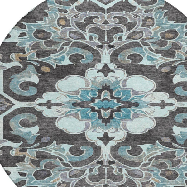 HomeRoots 5' Teal Blue and Charcoal Damask Area Rug - Durable, Washable, Perfect for Indoor and Outdoor Spaces 8' Round 626903