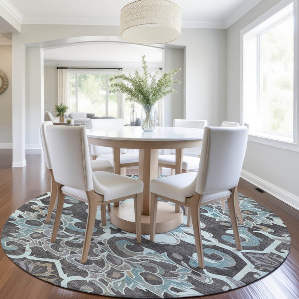 HomeRoots 5' Teal Blue and Charcoal Damask Area Rug - Durable, Washable, Perfect for Indoor and Outdoor Spaces 8' Round 626903