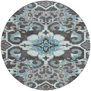 HomeRoots 5' Teal Blue and Charcoal Damask Area Rug - Durable, Washable, Perfect for Indoor and Outdoor Spaces 8' Round 626903
