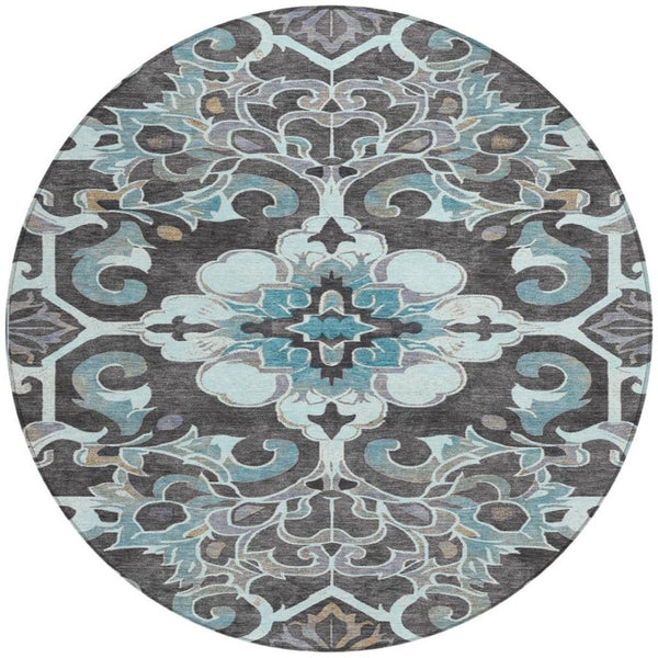 HomeRoots 5' Teal Blue and Charcoal Damask Area Rug - Durable, Washable, Perfect for Indoor and Outdoor Spaces 8' Round 626903