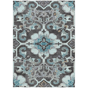 HomeRoots 5' Teal Blue and Charcoal Damask Area Rug - Durable, Washable, Perfect for Indoor and Outdoor Spaces 8' X 10' 626904