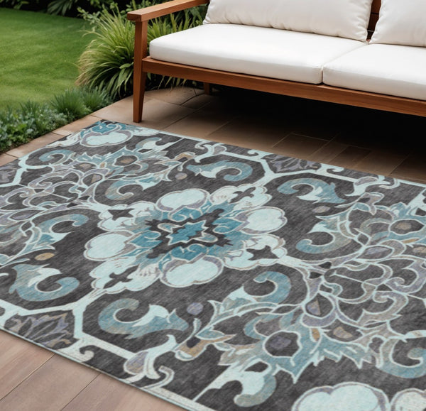 HomeRoots 5' Teal Blue and Charcoal Damask Area Rug - Durable, Washable, Perfect for Indoor and Outdoor Spaces 8' X 10' 626904