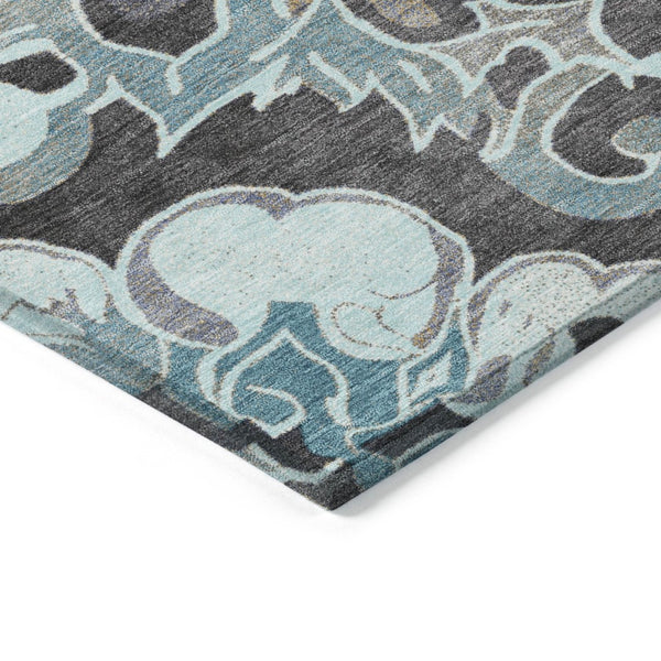 HomeRoots 5' Teal Blue and Charcoal Damask Area Rug - Durable, Washable, Perfect for Indoor and Outdoor Spaces 8' X 10' 626904