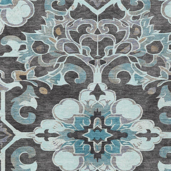 HomeRoots 5' Teal Blue and Charcoal Damask Area Rug - Durable, Washable, Perfect for Indoor and Outdoor Spaces 8' X 10' 626904