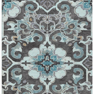 HomeRoots 5' Teal Blue and Charcoal Damask Area Rug - Durable, Washable, Perfect for Indoor and Outdoor Spaces 9' X 12' 626905