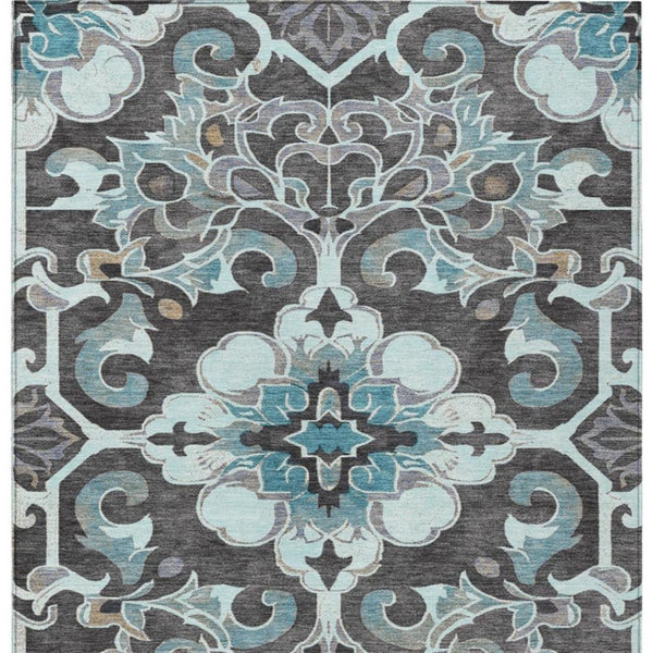 HomeRoots 5' Teal Blue and Charcoal Damask Area Rug - Durable, Washable, Perfect for Indoor and Outdoor Spaces 9' X 12' 626905
