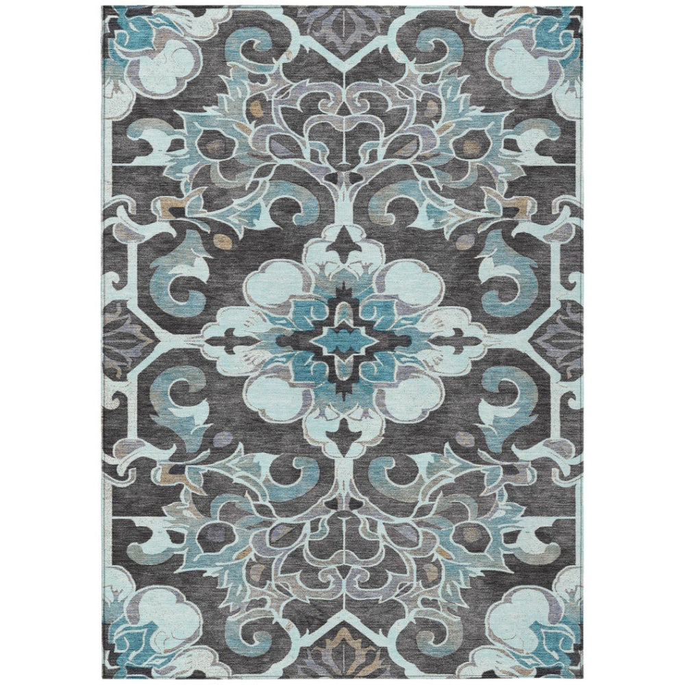 HomeRoots 5' Teal Blue and Charcoal Damask Area Rug - Durable, Washable, Perfect for Indoor and Outdoor Spaces 9' X 12' 626905