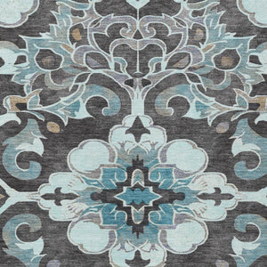HomeRoots 5' Teal Blue and Charcoal Damask Area Rug - Durable, Washable, Perfect for Indoor and Outdoor Spaces 9' X 12' 626905