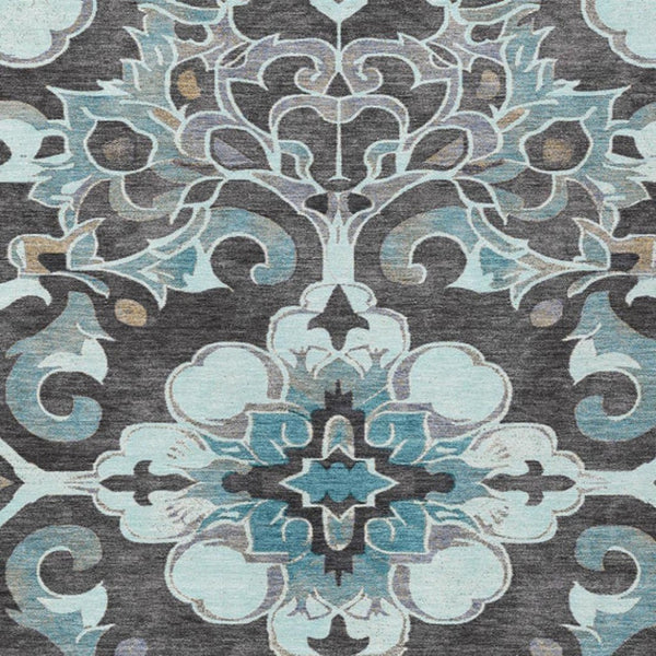 HomeRoots 5' Teal Blue and Charcoal Damask Area Rug - Durable, Washable, Perfect for Indoor and Outdoor Spaces 9' X 12' 626905