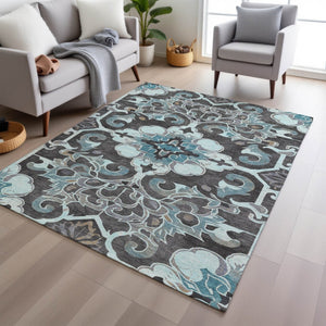 HomeRoots 5' Teal Blue and Charcoal Damask Area Rug - Durable, Washable, Perfect for Indoor and Outdoor Spaces 9' X 12' 626905