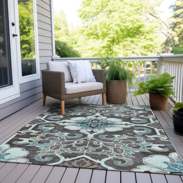 HomeRoots 5' Teal Blue and Charcoal Damask Area Rug - Durable, Washable, Perfect for Indoor and Outdoor Spaces 9' X 12' 626905