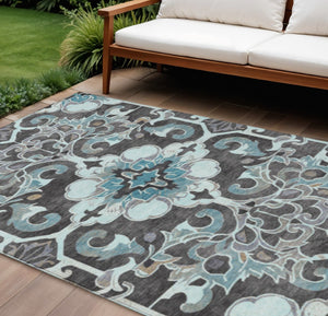 HomeRoots 5' Teal Blue and Charcoal Damask Area Rug - Durable, Washable, Perfect for Indoor and Outdoor Spaces 10' X 14' 626906