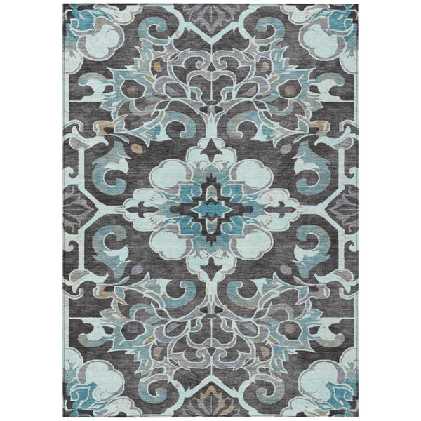 HomeRoots 5' Teal Blue and Charcoal Damask Area Rug - Durable, Washable, Perfect for Indoor and Outdoor Spaces 10' X 14' 626906