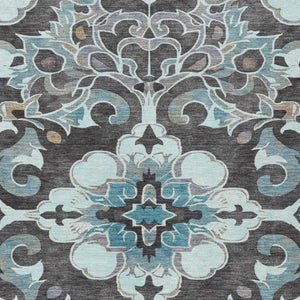 HomeRoots 5' Teal Blue and Charcoal Damask Area Rug - Durable, Washable, Perfect for Indoor and Outdoor Spaces 10' X 14' 626906