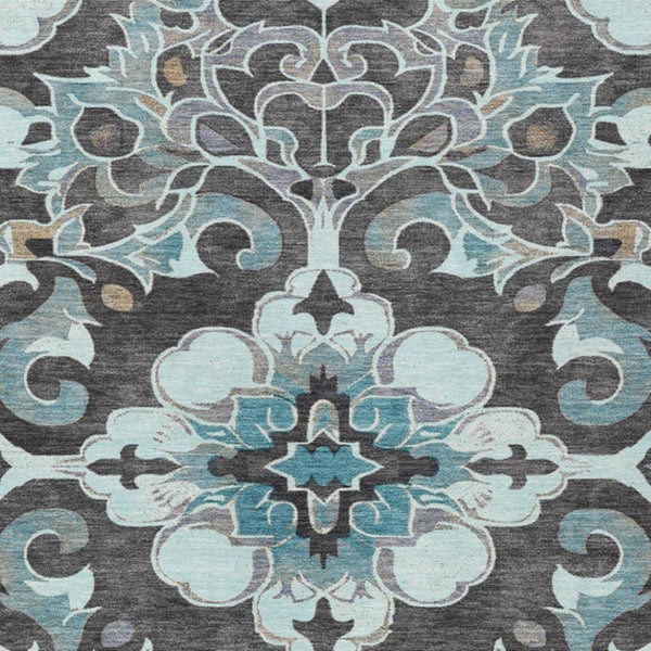 HomeRoots 5' Teal Blue and Charcoal Damask Area Rug - Durable, Washable, Perfect for Indoor and Outdoor Spaces 10' X 14' 626906