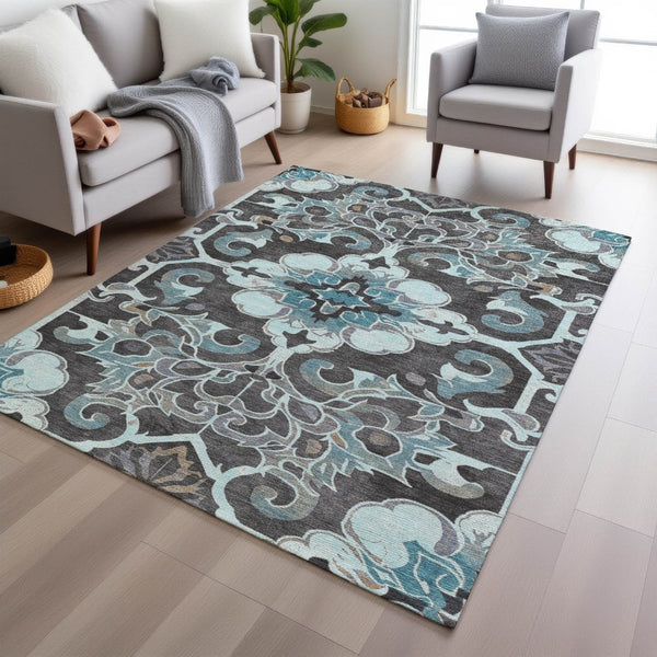 HomeRoots 5' Teal Blue and Charcoal Damask Area Rug - Durable, Washable, Perfect for Indoor and Outdoor Spaces 10' X 14' 626906