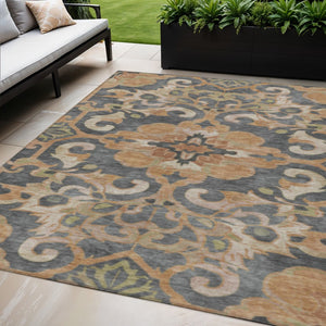 HomeRoots 5' Terra Cotta and Charcoal Damask Area Rug - Stylish, Durable, Washable for Indoor and Outdoor Use 5' X 8' 626908