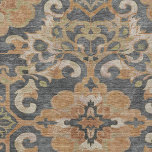 HomeRoots 5' Terra Cotta and Charcoal Damask Area Rug - Stylish, Durable, Washable for Indoor and Outdoor Use 5' X 8' 626908